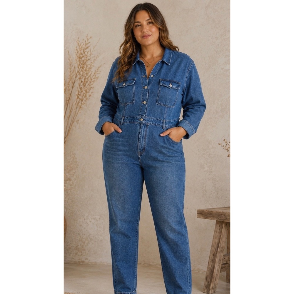 J.Crew Denim Boiler Suit Long Sleeve Jumpsuit Blue Size 18 Medium Wash Cotton